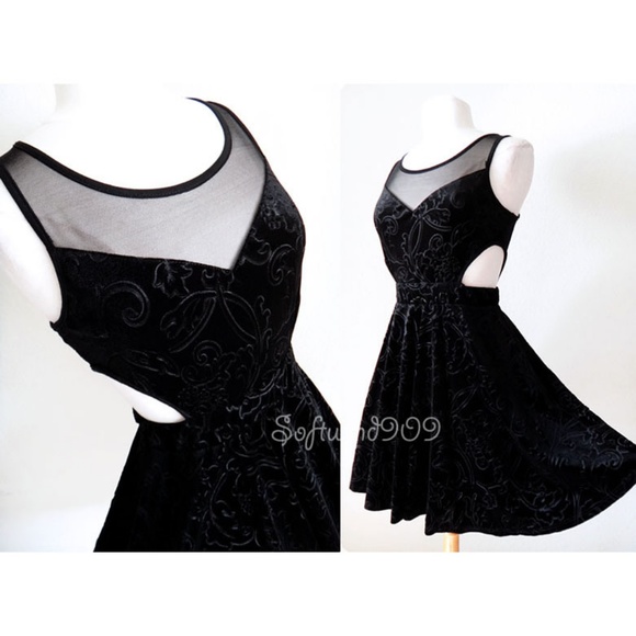 Stylebook Dresses & Skirts - Black Velvet Mesh Inset Cutout Skater Party Dress